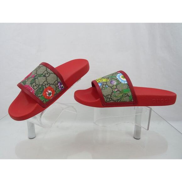 GUCCI 602096 GG SUPREME BLUM RED LEATHER CANVAS FLORAL SANDALS SLIDES 35 US 5 - Picture 8 of 12